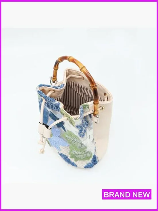 Hand Embroidered Bohemian Tote Bag with Bamboo Handle for Summer Beach - Picture 5 of 7